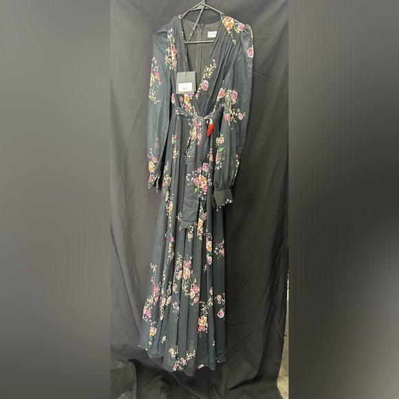 IEENA FOR MAC DUGGAL 55661 NWT Belted Floral Print Illusion Long Sleeve Gown - Picture 4 of 6